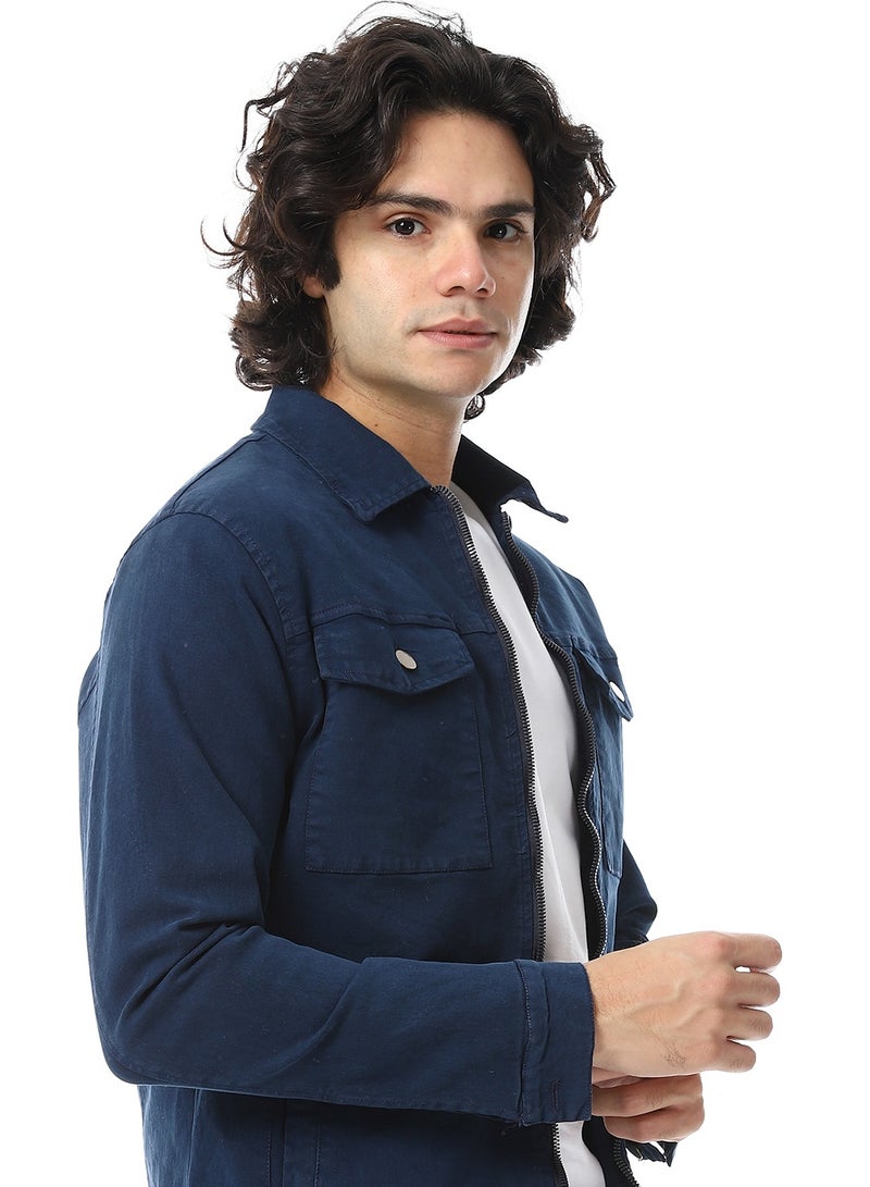 Andora Turn Down Collar Padded Gabardine Jacket_Navy Blue - Image 4