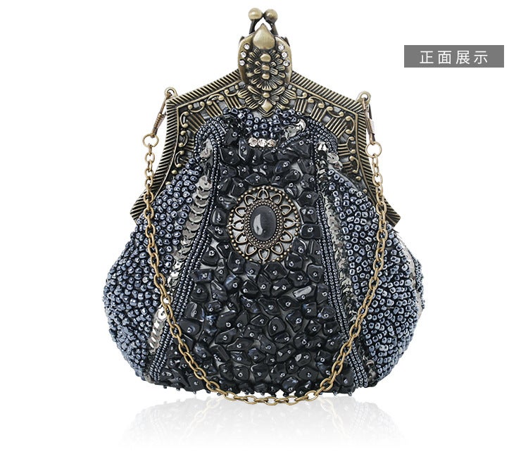Vintage Beaded Banquet Clutch Elegant Cheongsam Purse Grey