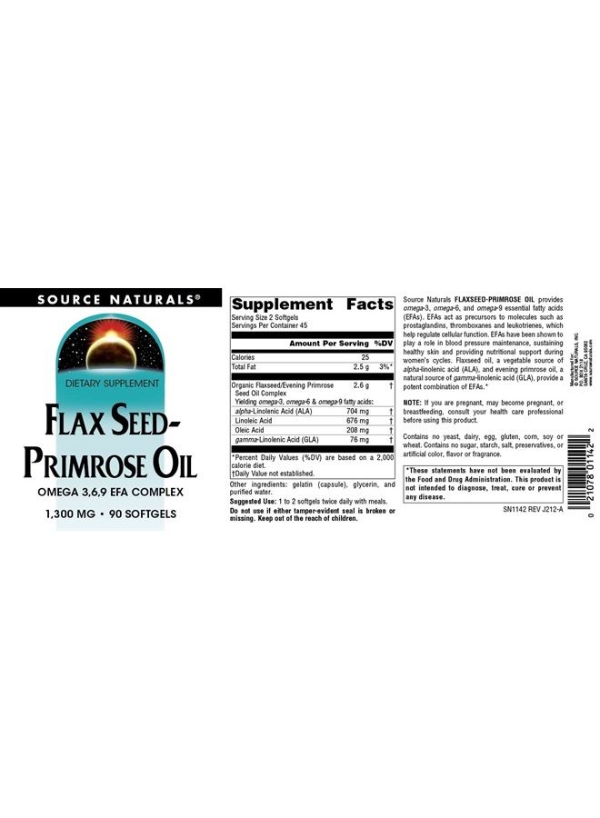 Source Naturals Flax Seed-Primrose Oil, Omega 3,6,9 EFA Complex, 1300mg - 90 Softgels - Image 4