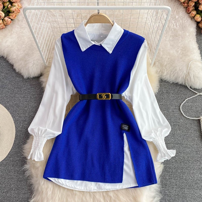 Spring Autumn Casual Knit Vest and Shirt Set for Women Blue two-piece set