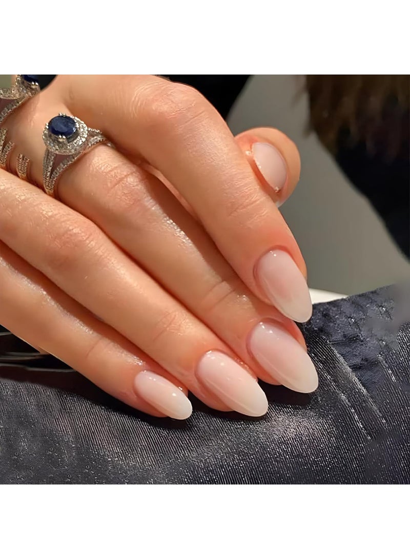 24 قطعة أظافر مضغوطة، لون لوزي متوسط، تدرج لامع صلب، أظافر مضغوطة، مانيكير فرنسي طبيعي معتدل، مجموعة أظافر صناعية (أبيض فاتح) - Image 1