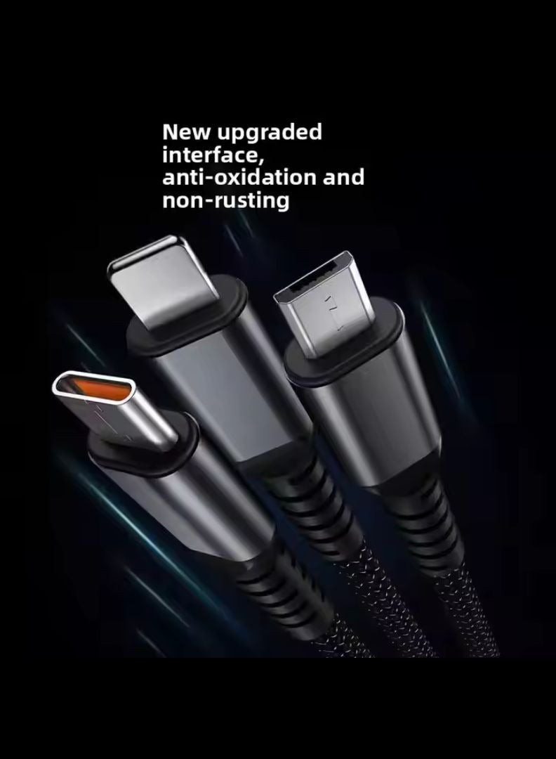 100W 3-in-1 Fast Multi Charging Cable with LED Display – USB-A to Type-C, Lightning & Micro USB, Nylon Braided, 1.2M – Black - Image 3
