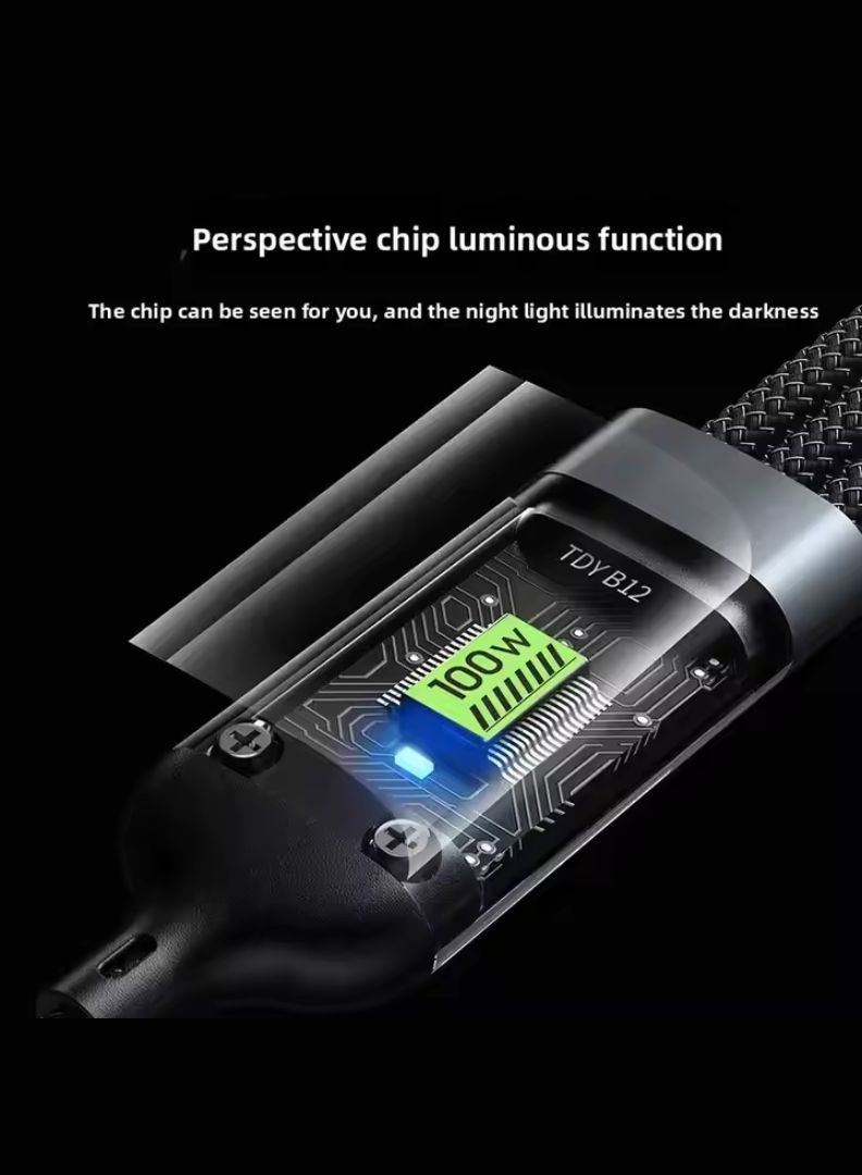 100W 3-in-1 Fast Multi Charging Cable with LED Display – USB-A to Type-C, Lightning & Micro USB, Nylon Braided, 1.2M – Black - Image 2