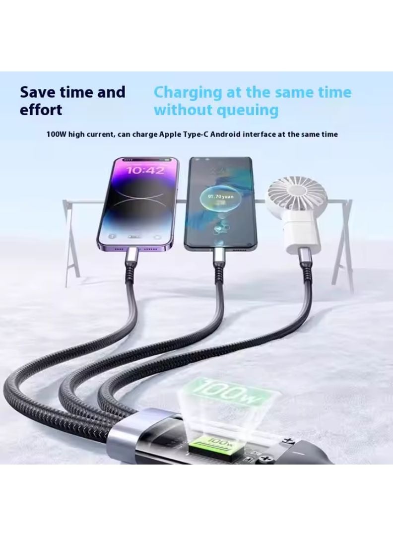 100W 3-in-1 Fast Multi Charging Cable with LED Display – USB-A to Type-C, Lightning & Micro USB, Nylon Braided, 1.2M – Black - Image 4