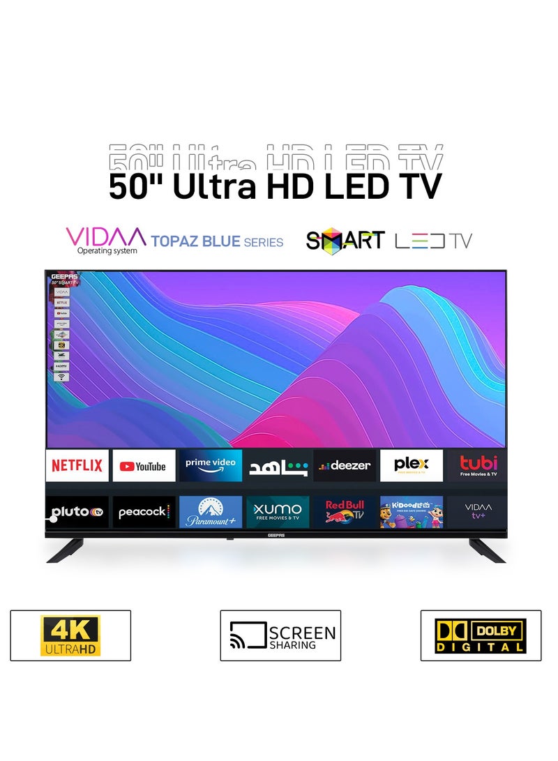 GEEPAS Geepas 50’’ 4K UHD Smart LED TV, VIDAA With Remote Control (english) , Wall Mount Bracket, 2 USB & 3 HDMI Port, Bluetooth, WIFI, Screen Sharing, 16.9 Aspect Ration, Wide Color Enhancer, Eco Efficiency  - Image 1