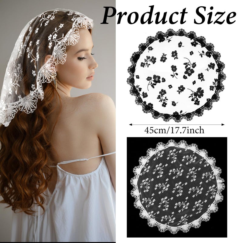 Gtziqa Lace Head Coverings for Women, 2 Pcs Lace Head Scarf Round Floral Lac Veils for Church Catholic Mantilla Veil Headpiece for Bridal Wedding Party Costume Cosplay (Black, White) - Image 2
