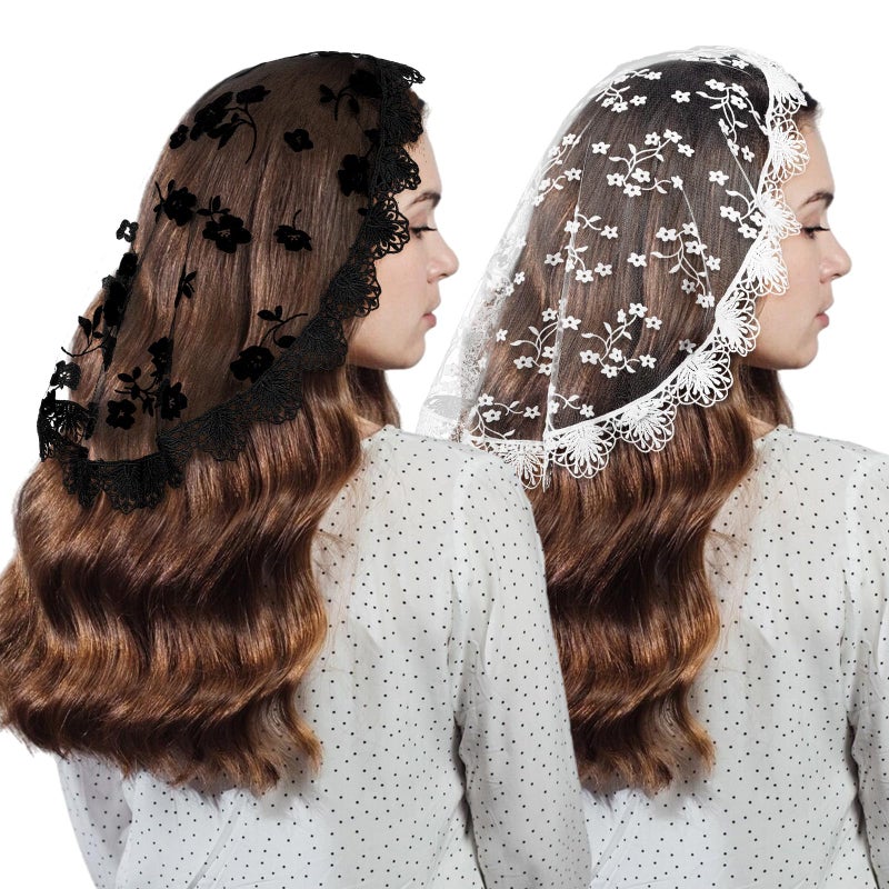 Gtziqa Lace Head Coverings for Women, 2 Pcs Lace Head Scarf Round Floral Lac Veils for Church Catholic Mantilla Veil Headpiece for Bridal Wedding Party Costume Cosplay (Black, White) - Image 1