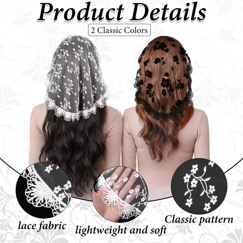 Gtziqa Lace Head Coverings for Women, 2 Pcs Lace Head Scarf Round Floral Lac Veils for Church Catholic Mantilla Veil Headpiece for Bridal Wedding Party Costume Cosplay (Black, White) - Image 3
