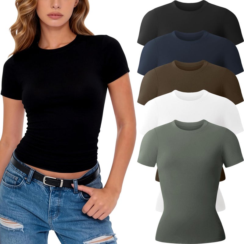 CE' CERDR 3/5 Pack Womens T Shirts Crew Neck Short Sleeve Shirts for Women Casual Basic Tees Fitted Stretchy Layering Tops - Image 1