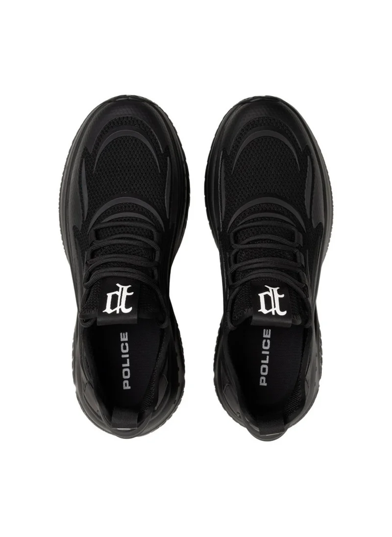 بوليس Police Men's Gothic Monogram Chunky Sneakers with Techwear-Inspired Runner Silhouette, Bold Urban Design & Textured Upper – Black