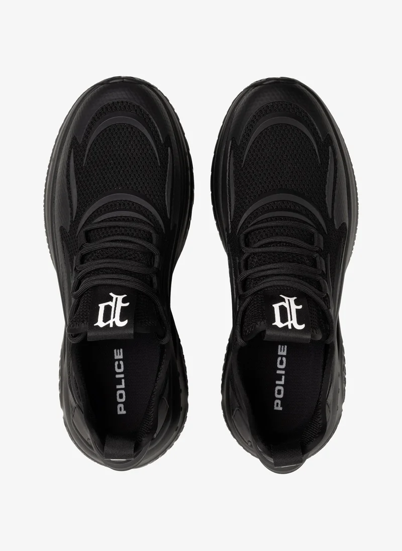 بوليس Police Men's Gothic Monogram Chunky Sneakers with Techwear-Inspired Runner Silhouette, Bold Urban Design & Textured Upper – Black