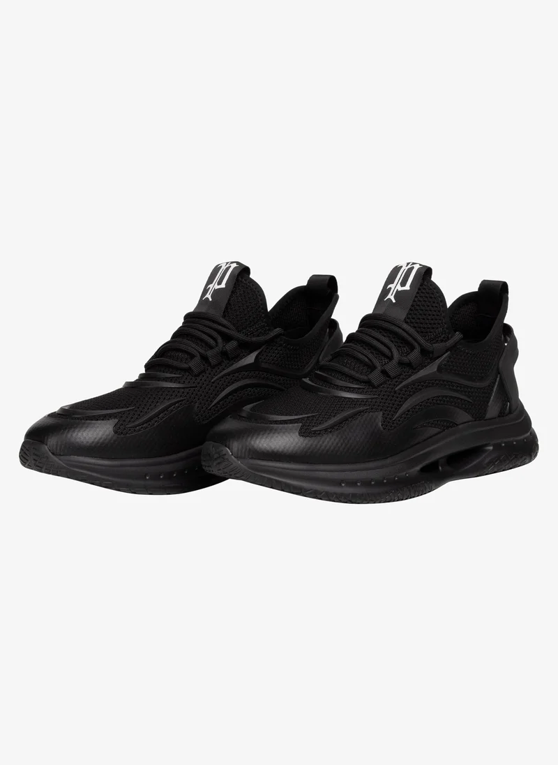 بوليس Police Men's Gothic Monogram Chunky Sneakers with Techwear-Inspired Runner Silhouette, Bold Urban Design & Textured Upper – Black