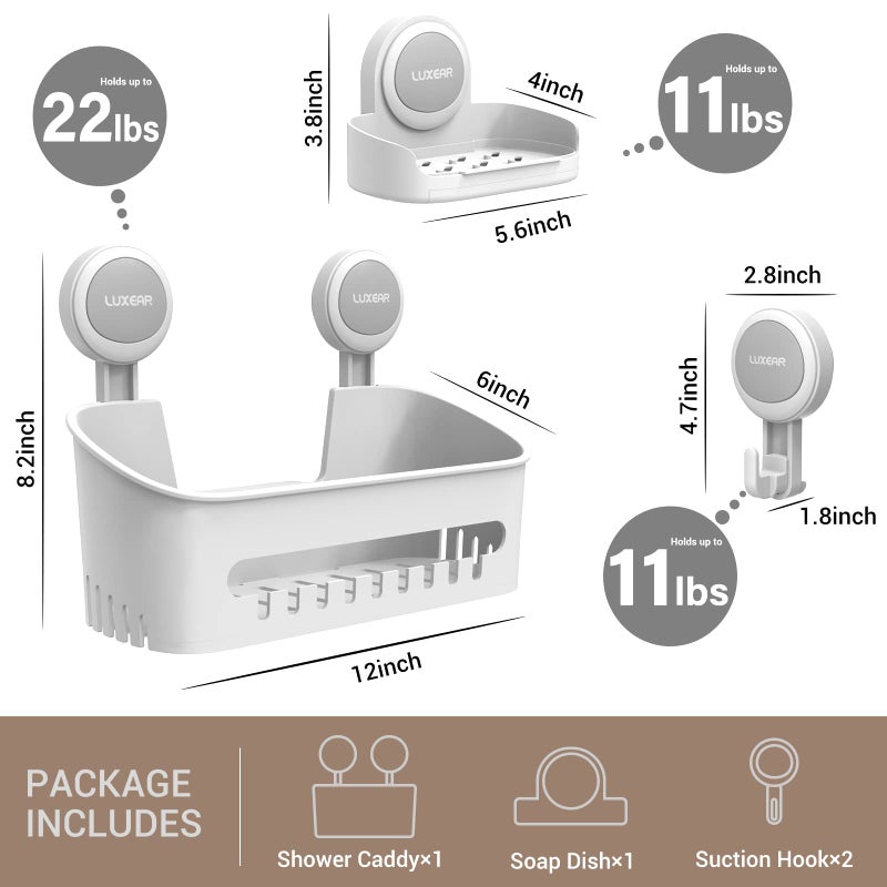 LUXEAR مجموعة لوكسل 4 حزم كوب شفط كأس - رف دش+طبق صابون+خطاطيف شفط - 1 ثاني منظم قابلية للإزالة قابلة للإزالة للماء للدش داخل دش المطبخ الحمام - Image 2