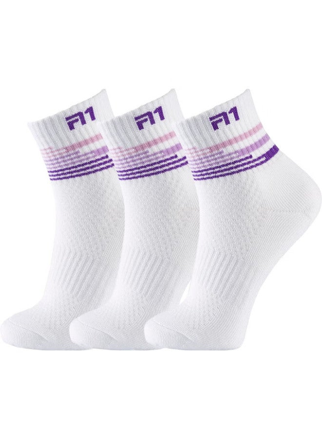 TAAN Badminton Socks, Thickened Terry Bottom, Sweat-Absorbing And Breathable, Sports Socks, Mid-Calf Women'S Socks, T178, White And Purple, 3 Pairs - Image 2