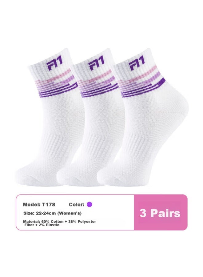 Taan Badminton Socks, Thickened Terry Bottom, Sweat-absorbing And Breathable, Sports Socks, Mid-calf Women's Socks, T178, White And Purple, 3 Pairs - Image 1