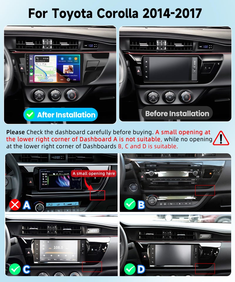 Podofo راديو سيارة 8 نواة 4G+64G لتويوتا كورولا 2014-2017، وايرلس كار بلاي أندرويد أوتو شاشة تعمل باللمس IPS بحجم 10.1 بوصة 1280 * 720P أندرويد 13 GPS واي فاي بلوتوث 32-نطاق DSP كاميرا HD - Image 2