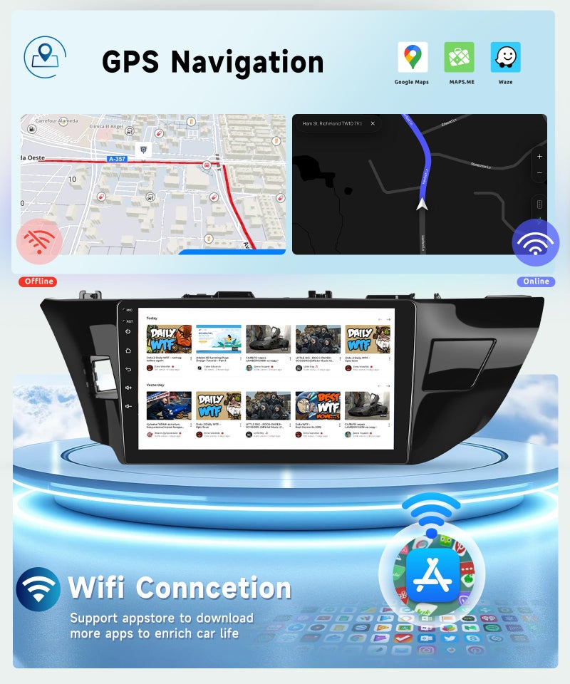 Podofo راديو سيارة 8 نواة 4G+64G لتويوتا كورولا 2014-2017، وايرلس كار بلاي أندرويد أوتو شاشة تعمل باللمس IPS بحجم 10.1 بوصة 1280 * 720P أندرويد 13 GPS واي فاي بلوتوث 32-نطاق DSP كاميرا HD - Image 4