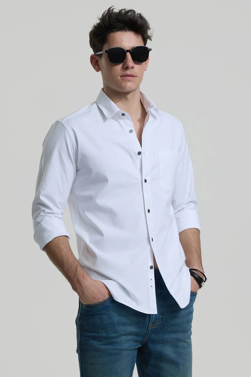 White Solid Long Sleeve Slim Fit Casual Shirt