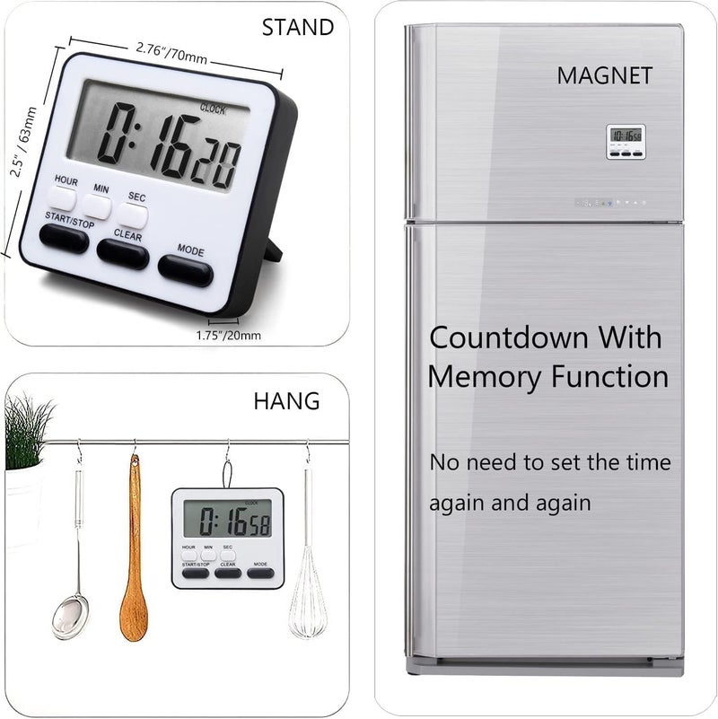 Xpandio Digital Kitchen Timer Stopwatch Countdown Large Digits Loud Alarm Magnetic Stand Round for Cooking Baking Kids Study Teacher Shower Bathroom Oven Round Back Stand Hanging Hole - Image 2