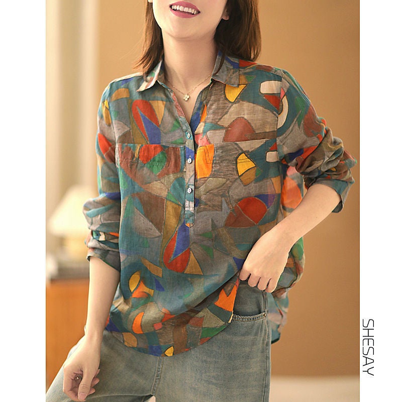 Large Size Artistic Vintage Cotton and Linen Floral Loose Shirt Womens Spring New Slimming Age-reducing Elegant Pullover Shirt for Women Picture Color