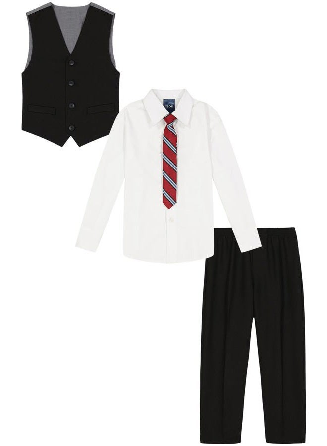 IZOD Boys' 4-Piece Set with Collared Dress Shirt, Tie, Vest, and Pants, Black/Red, 5 - Image 2