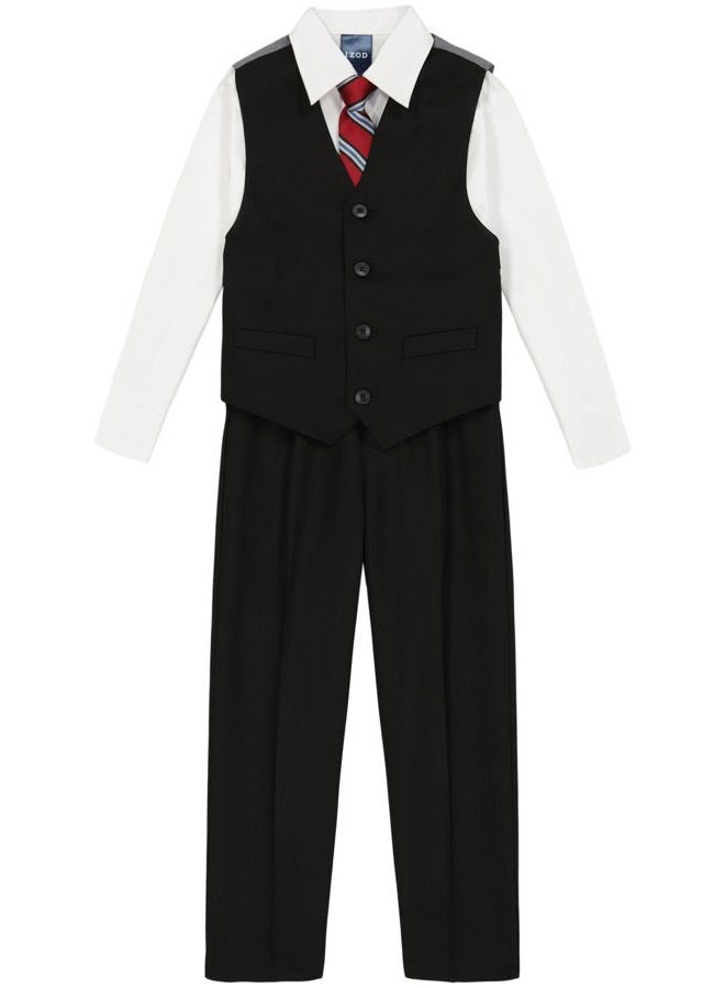 IZOD Boys' 4-Piece Set with Collared Dress Shirt, Tie, Vest, and Pants, Black/Red, 5 - Image 1
