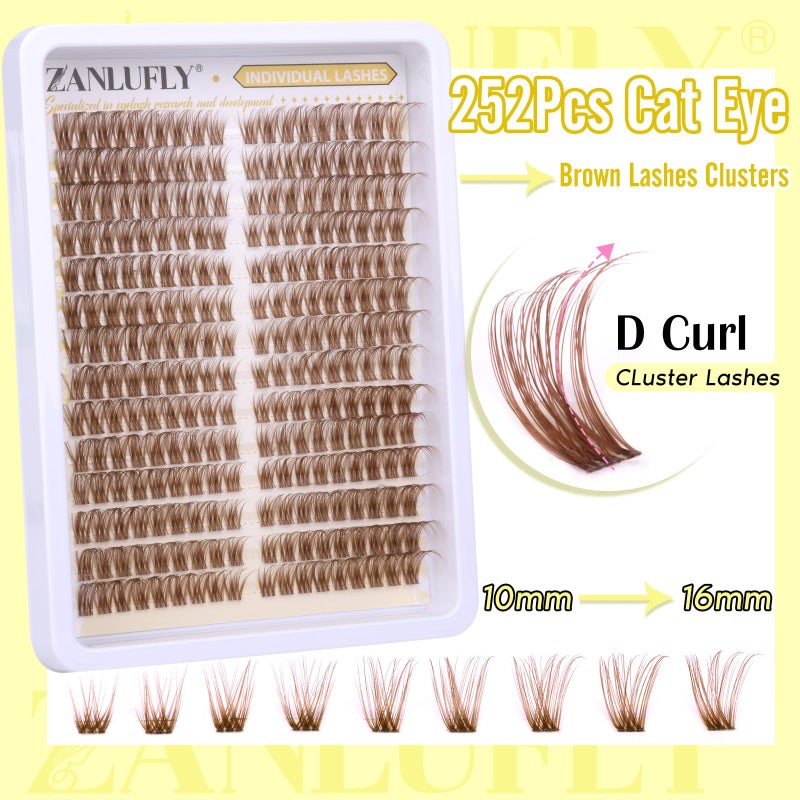 zanlufly Brown Lash Clusters Natural Individual Lashes Cat Eye Eyelash Clusters D Curl Wispy DIY Lashes Extensions Brown Cluster Eyealshes Extension (10-16MM) - Image 2