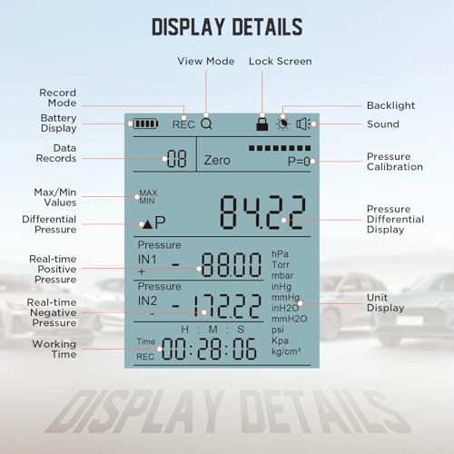 VKALTUL Dual-Port HVAC Manometer with 7 Adapters, 10 Units Switch, Data Locking & Storage, -100~300Kpa, Magnetic Back, Backlit Display Screen Manometer Gas Pressure Tester, PT530 - Image 2