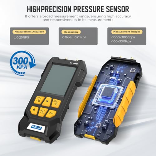 VKALTUL Dual-Port HVAC Manometer with 7 Adapters, 10 Units Switch, Data Locking & Storage, -100~300Kpa, Magnetic Back, Backlit Display Screen Manometer Gas Pressure Tester, PT530 - Image 3