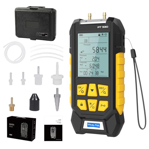 VKALTUL Dual-Port HVAC Manometer with 7 Adapters, 10 Units Switch, Data Locking & Storage, -100~300Kpa, Magnetic Back, Backlit Display Screen Manometer Gas Pressure Tester, PT530 - Image 1