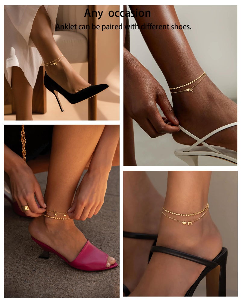 Honsny Initial Ankle Bracelets for Women Waterproof 14K Gold Plated Layered Anklets for Women Non Tarnish Dainty Heart Letter A-Z Ankle Bracelets Handmade Adjustable Summer Beach Gold Anklet Jewelry - Image 4
