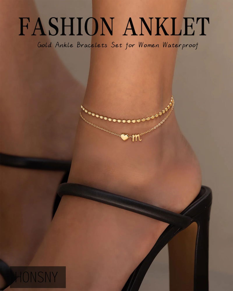Honsny Initial Ankle Bracelets for Women Waterproof 14K Gold Plated Layered Anklets for Women Non Tarnish Dainty Heart Letter A-Z Ankle Bracelets Handmade Adjustable Summer Beach Gold Anklet Jewelry - Image 3