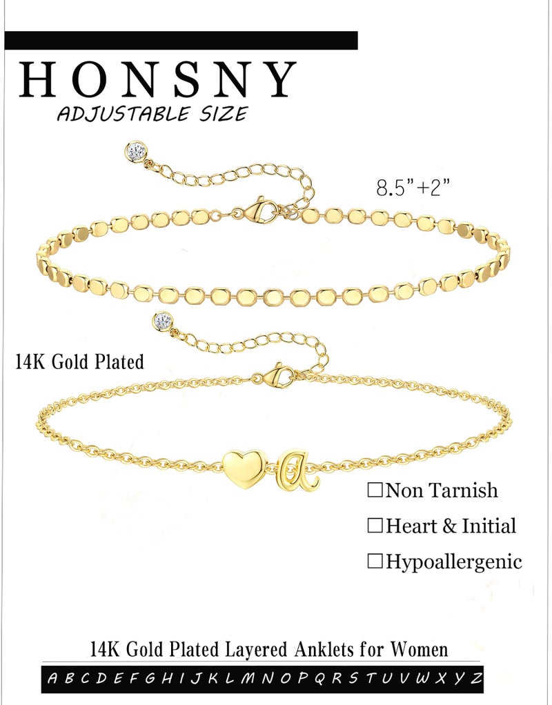 Honsny Initial Ankle Bracelets for Women Waterproof 14K Gold Plated Layered Anklets for Women Non Tarnish Dainty Heart Letter A-Z Ankle Bracelets Handmade Adjustable Summer Beach Gold Anklet Jewelry - Image 5