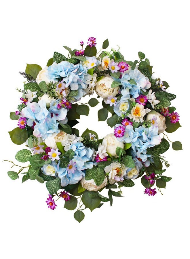 Ecerangus 24 Inch Spring Summer Flower Wreaths for Front Door, Spring Door Wreaths,Floral Hydrangea Peony Wreath,Artificial Eucalyptus Green Leaves Farmhouse Wreaths for Outside Window Home Decor (Blue) - Image 1