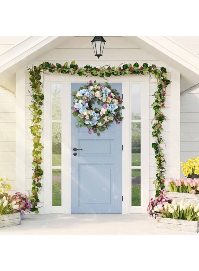 Ecerangus 24 Inch Spring Summer Flower Wreaths for Front Door, Spring Door Wreaths,Floral Hydrangea Peony Wreath,Artificial Eucalyptus Green Leaves Farmhouse Wreaths for Outside Window Home Decor (Blue) - Image 4