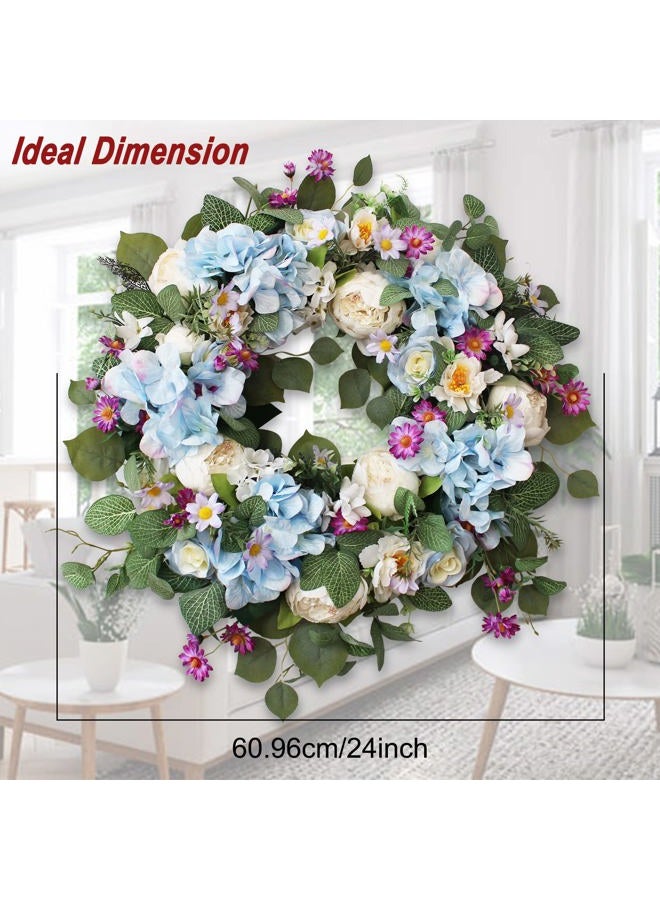 Ecerangus 24 Inch Spring Summer Flower Wreaths for Front Door, Spring Door Wreaths,Floral Hydrangea Peony Wreath,Artificial Eucalyptus Green Leaves Farmhouse Wreaths for Outside Window Home Decor (Blue) - Image 3