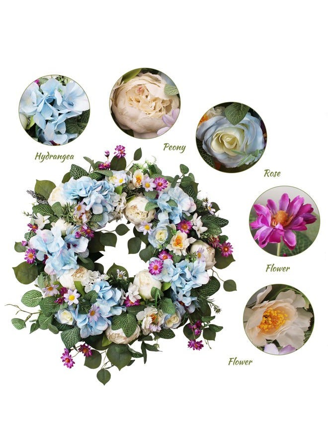 Ecerangus 24 Inch Spring Summer Flower Wreaths for Front Door, Spring Door Wreaths,Floral Hydrangea Peony Wreath,Artificial Eucalyptus Green Leaves Farmhouse Wreaths for Outside Window Home Decor (Blue) - Image 2