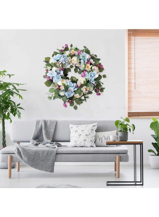 Ecerangus 24 Inch Spring Summer Flower Wreaths for Front Door, Spring Door Wreaths,Floral Hydrangea Peony Wreath,Artificial Eucalyptus Green Leaves Farmhouse Wreaths for Outside Window Home Decor (Blue) - Image 5