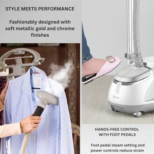 SALAV GS45-DJ Professional Upright Garment Steamer with Roll Wheels, Multi-Function Extra Wide Hanger, Fabric Brush & Mini Ironing Paddle, 1500 watts, Silver - Image 3