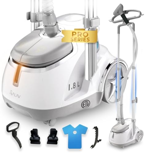 SALAV GS45-DJ Professional Upright Garment Steamer with Roll Wheels, Multi-Function Extra Wide Hanger, Fabric Brush & Mini Ironing Paddle, 1500 watts, Silver - Image 1