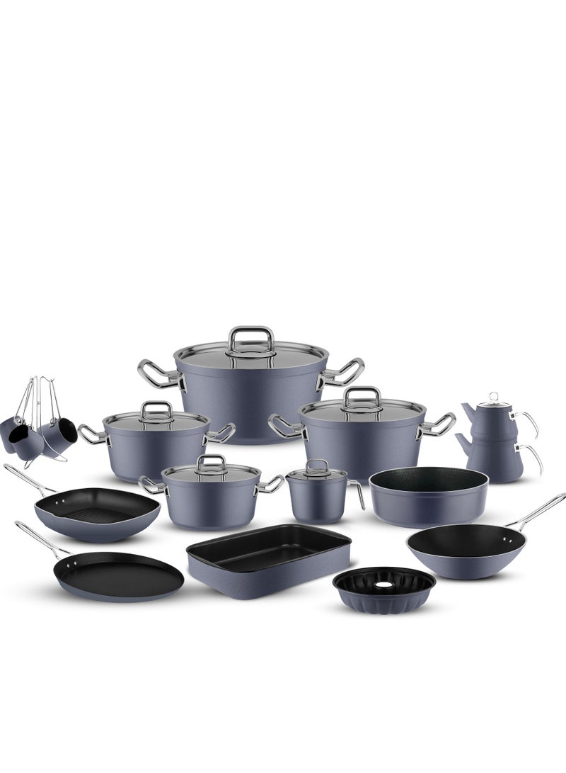 lines Turkish Tefal Granite Cookware Set by Lines – 24-Piece Set – Stainless Steel Lid – Suitable for all stovetops – Made in Turkey. Turkish Granite Cookware Set by Lines – 24-Piece Set – Sizes 18/20/24/28 cm + 26 cm Pan + 28 cm Wok + 16 cm Casserole Dish + 34.5 cm Oven Tray + 28 cm Grill Pan + Large Pot + Small Pot + 4 Stand Pots – Stainless Steel Lid – 8 Colors-Gray
