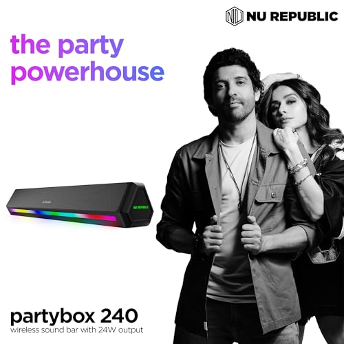 Nu Republic Party Box 240 Bluetooth Soundbar with X-Bass Technology, 52mm Dual Dynamic Drivers, Dual Passive Radiator, 24W Output, Upto 16 Hrs Playtime, Multiple RGB LED Lights (Black, 2.0 Channel) - Image 2