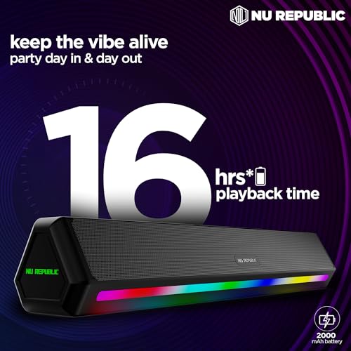 Nu Republic Party Box 240 Bluetooth Soundbar with X-Bass Technology, 52mm Dual Dynamic Drivers, Dual Passive Radiator, 24W Output, Upto 16 Hrs Playtime, Multiple RGB LED Lights (Black, 2.0 Channel) - Image 5