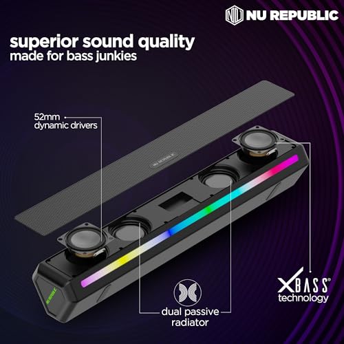 Nu Republic Party Box 240 Bluetooth Soundbar with X-Bass Technology, 52mm Dual Dynamic Drivers, Dual Passive Radiator, 24W Output, Upto 16 Hrs Playtime, Multiple RGB LED Lights (Black, 2.0 Channel) - Image 4
