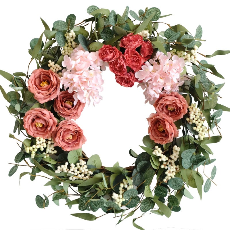 TEMPUS 20 inches Artificial Pink Peony Wreath for Front Door Wreath with Hydrangea Green Leaves Valentines Mothers Day Decor Wall Wedding Party Home Decor Pink