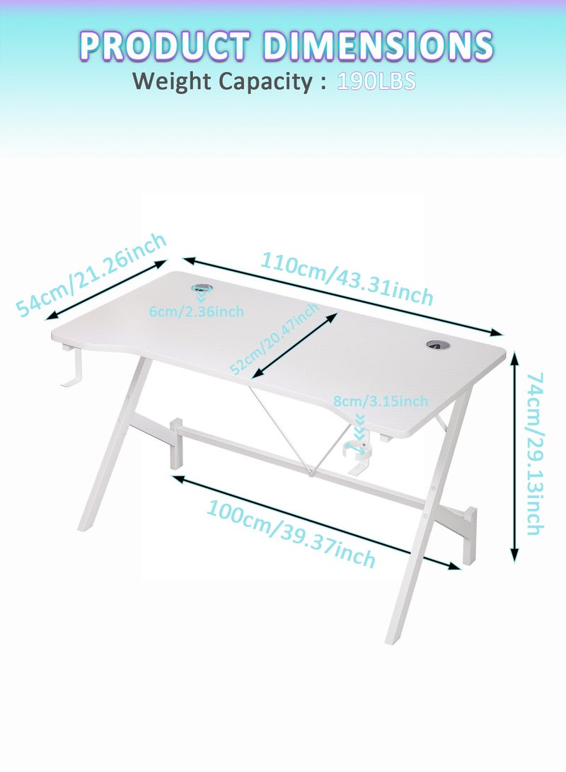 SHEIDLIN طاوله قيمنق 43 بوصة مع حامل سماعات الرأس وحامل أكواب | مكتب كمبيوتر مريح للاعبين والطلاب | تجميع سهل بدون أدوات | محطة عمل بيضاء عصرية (110x54x74 سم) - Image 2