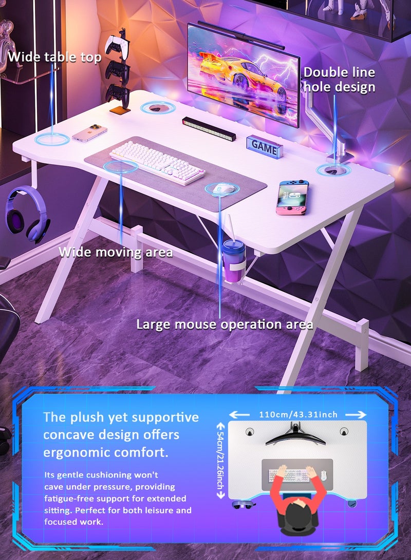 SHEIDLIN طاوله قيمنق 43 بوصة مع حامل سماعات الرأس وحامل أكواب | مكتب كمبيوتر مريح للاعبين والطلاب | تجميع سهل بدون أدوات | محطة عمل بيضاء عصرية (110x54x74 سم) - Image 4