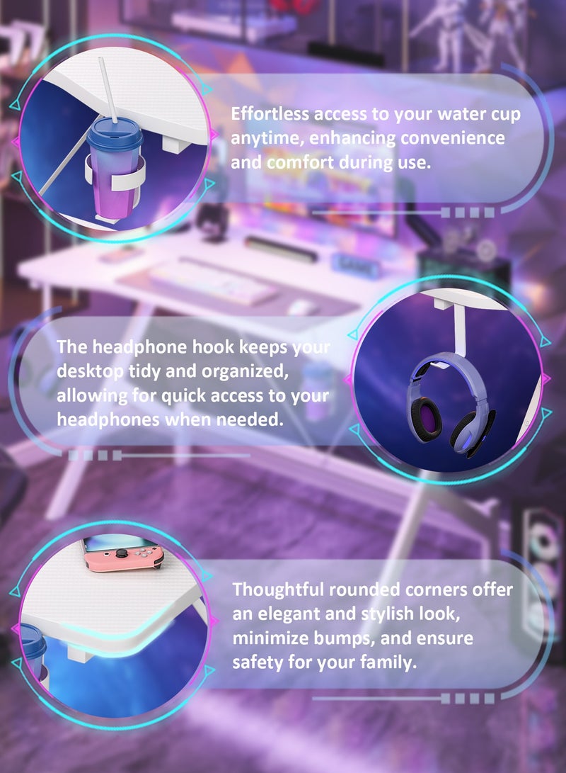 SHEIDLIN طاوله قيمنق 43 بوصة مع حامل سماعات الرأس وحامل أكواب | مكتب كمبيوتر مريح للاعبين والطلاب | تجميع سهل بدون أدوات | محطة عمل بيضاء عصرية (110x54x74 سم) - Image 5