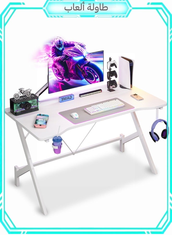 SHEIDLIN طاوله قيمنق 43 بوصة مع حامل سماعات الرأس وحامل أكواب | مكتب كمبيوتر مريح للاعبين والطلاب | تجميع سهل بدون أدوات | محطة عمل بيضاء عصرية (110x54x74 سم) - Image 1