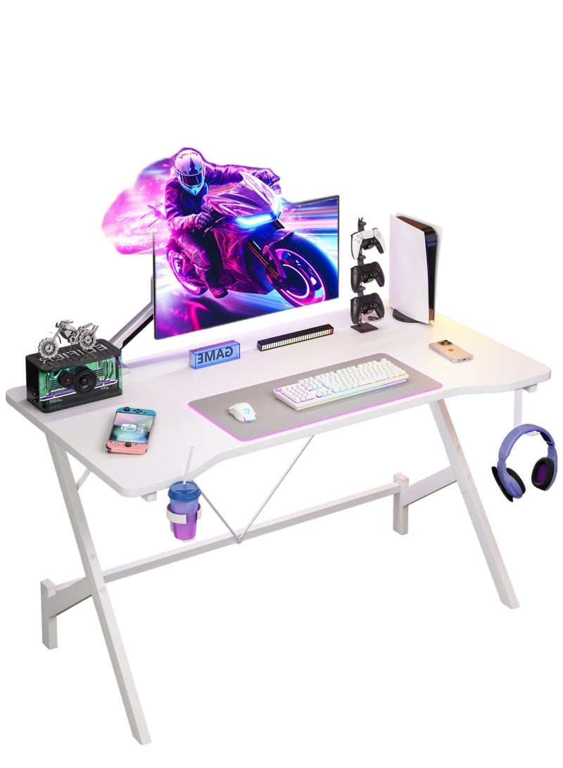 SHEIDLIN Ergonomic Gaming Desk, Carbon Fiber Surface Gaming Table with Headphone Hanger & Cup Holder, White PC Desk for Gaming & Home Office - Image 1